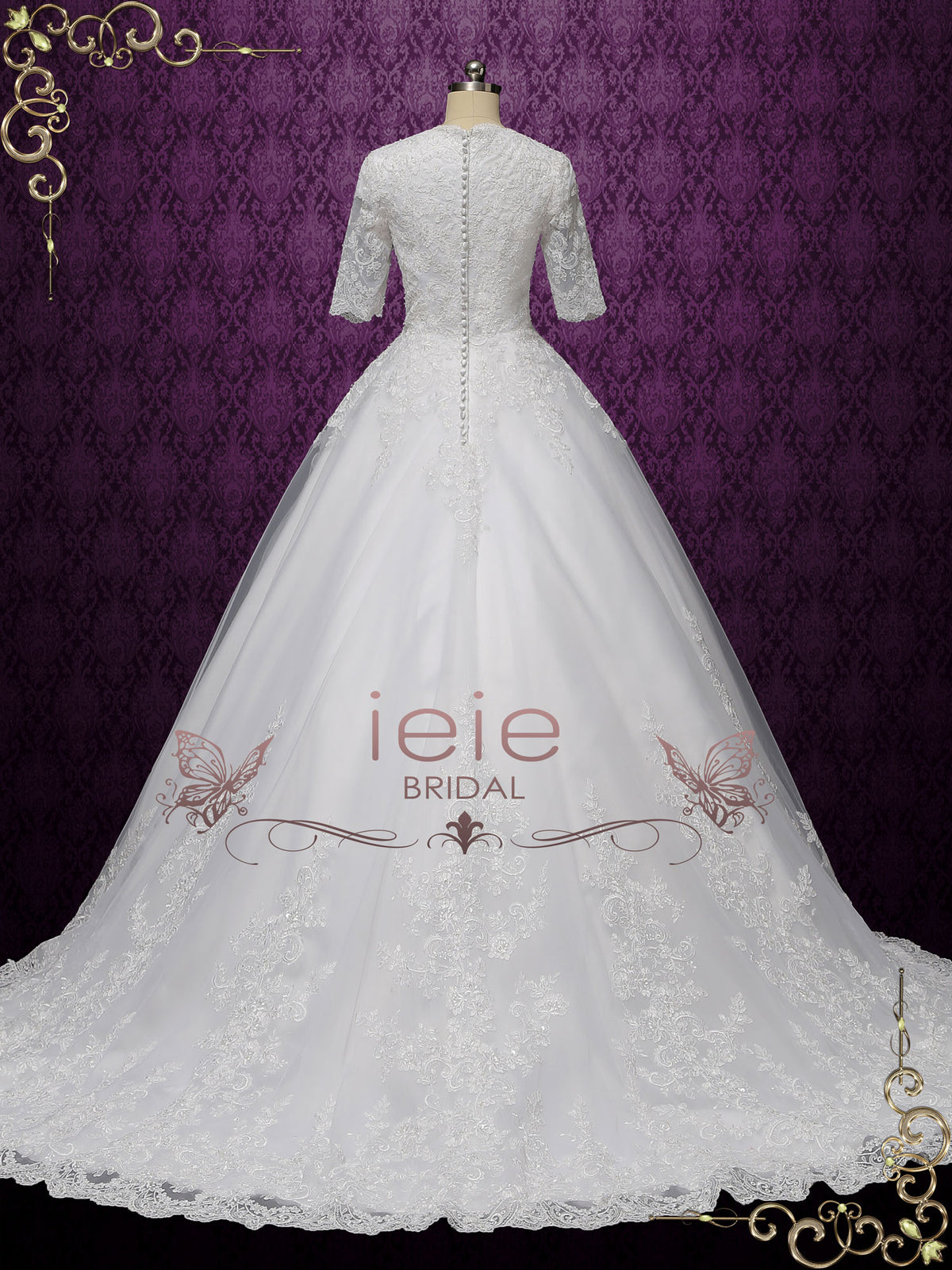 Modest Lace Ball Gown Wedding Dress with Sleeves CHESTER