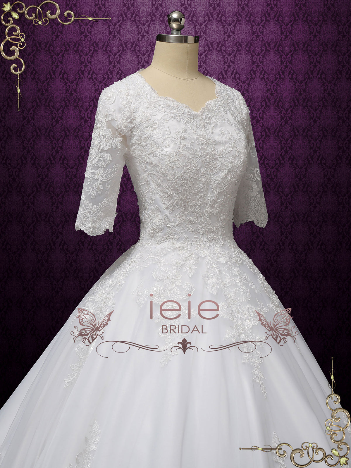 Modest Lace Ball Gown Wedding Dress with Sleeves CHESTER