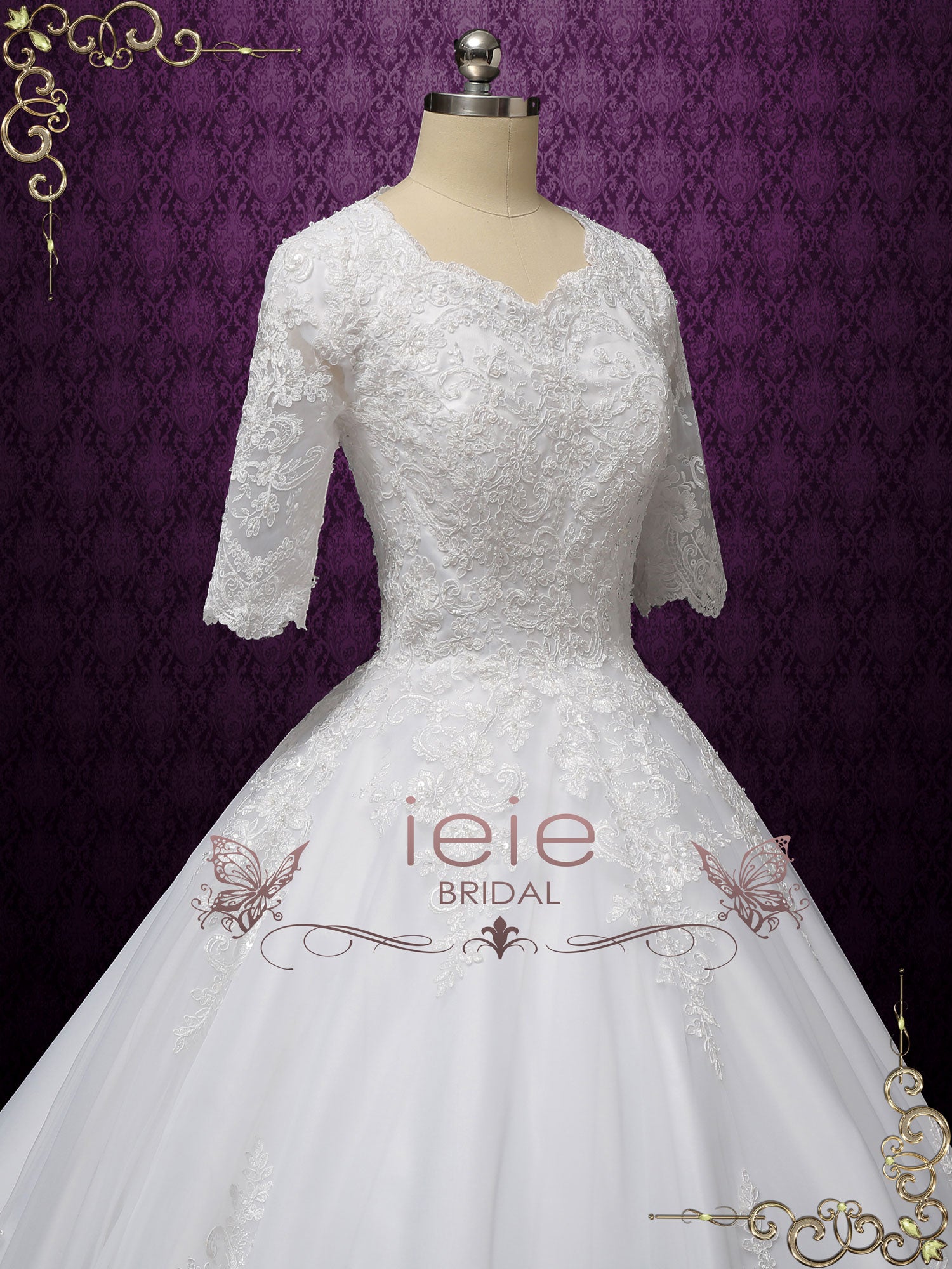Modest Lace Ball Gown Wedding Dress with Sleeves CHESTER