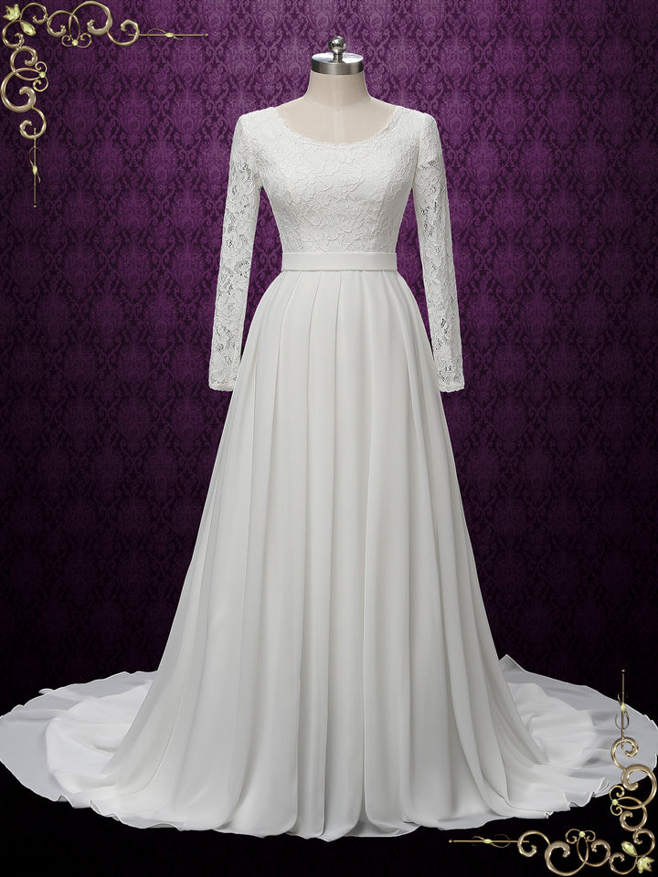 Modest Long Sleeves Chiffon Lace Wedding Dress ALURA Size 8 / Ivory Modest Long Sleeves Chiffon Lace Wedding Dress ALURA Size 8 / Ivory