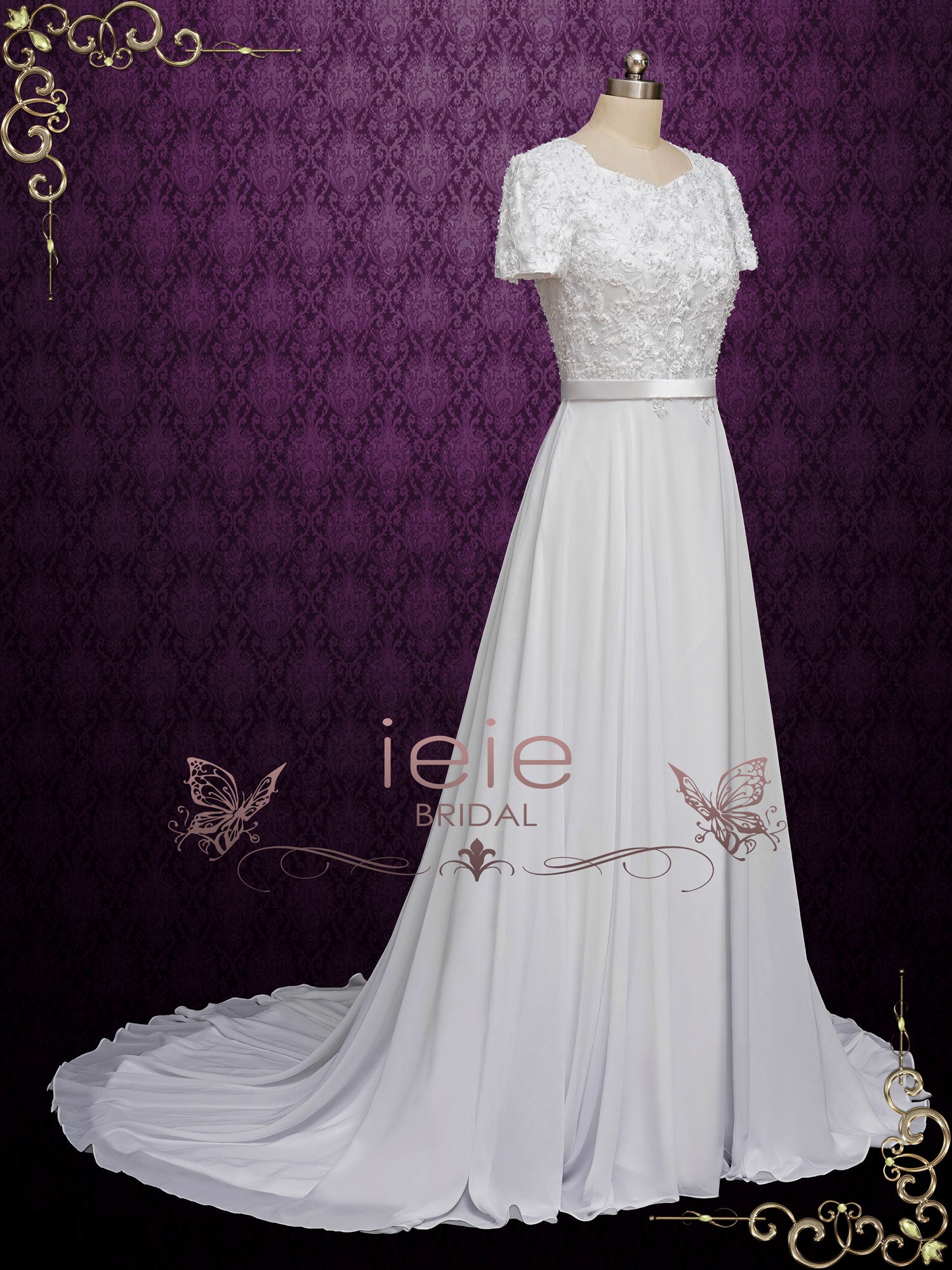 Modest Lace Wedding Dress with Short Sleeves ARYA