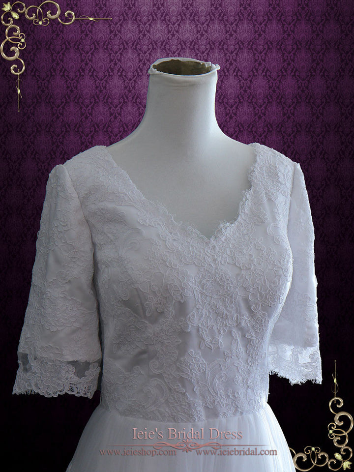 V Neck Lace A-line Wedding Dress with Half Sleeves | Alicia