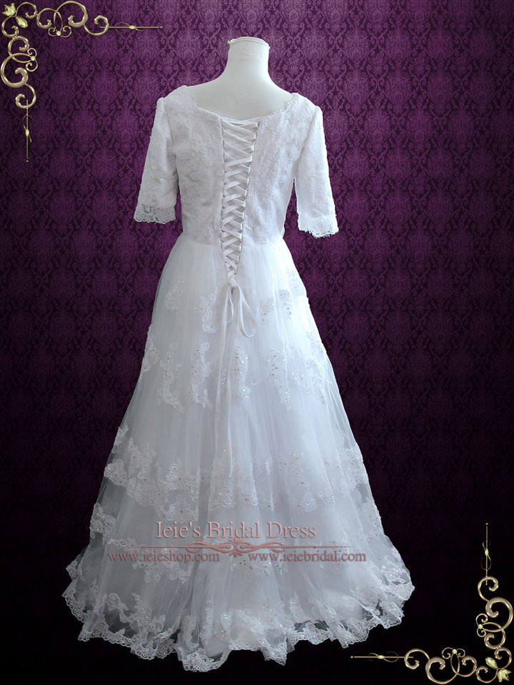 V Neck Lace A-line Wedding Dress with Half Sleeves | Alicia