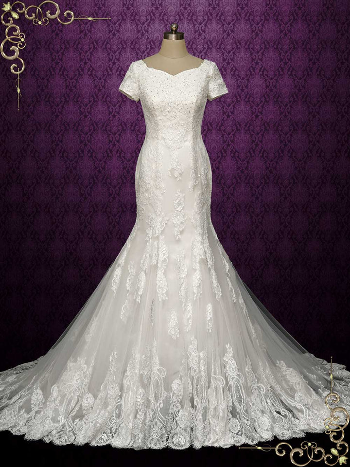 Modest Mermaid Lace Wedding Dress with Short Sleeves ELLIS