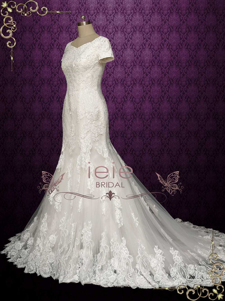 Modest Mermaid Lace Wedding Dress with Short Sleeves ELLIS Size 2 / Ivory Modest Mermaid Lace Wedding Dress with Short Sleeves ELLIS Size 2 / Ivory
