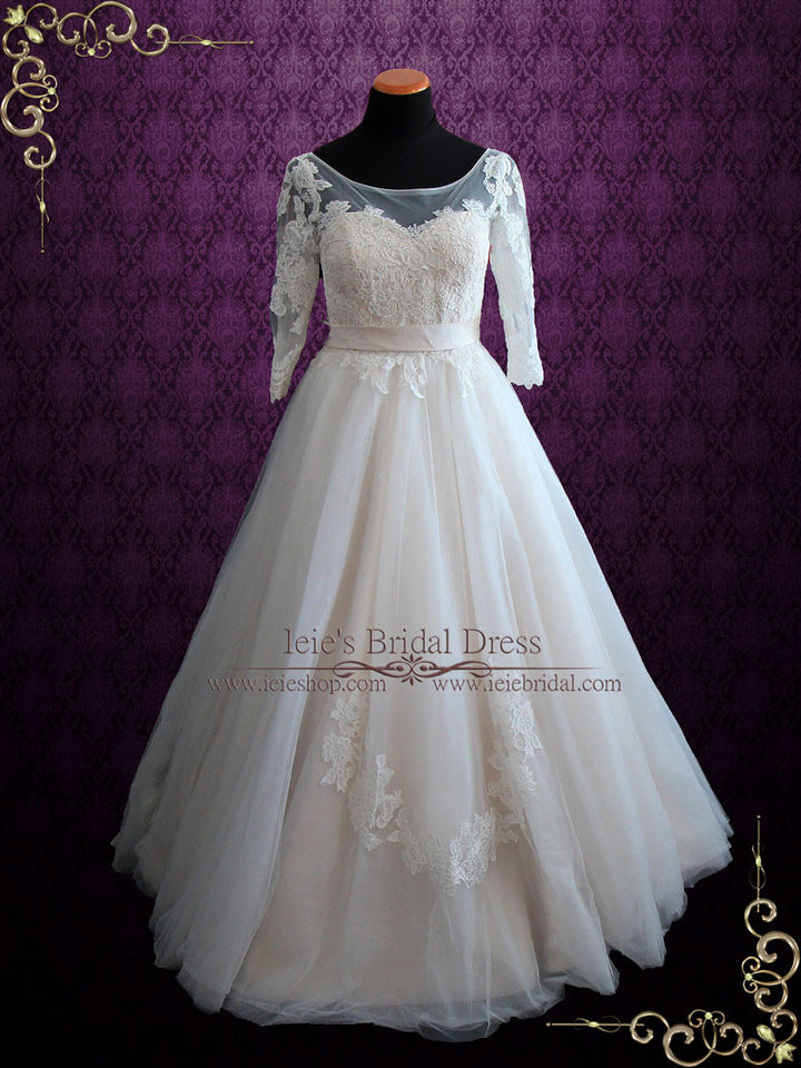 Illusion Lace Princess Ball Gown Wedding Dress with Sleeves | Charlotte