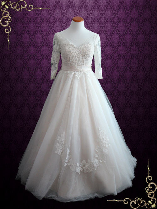 Illusion Lace Princess Ball Gown Wedding Dress with Sleeves | Charlotte