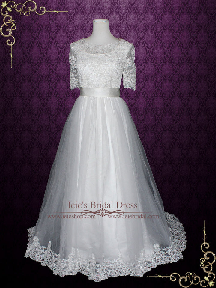 Vintage Style Modest Princess Lace Tulle Wedding Dress with Sleeves | ieie Vintage Style Modest Princess Lace Tulle Wedding Dress with Sleeves | ieie