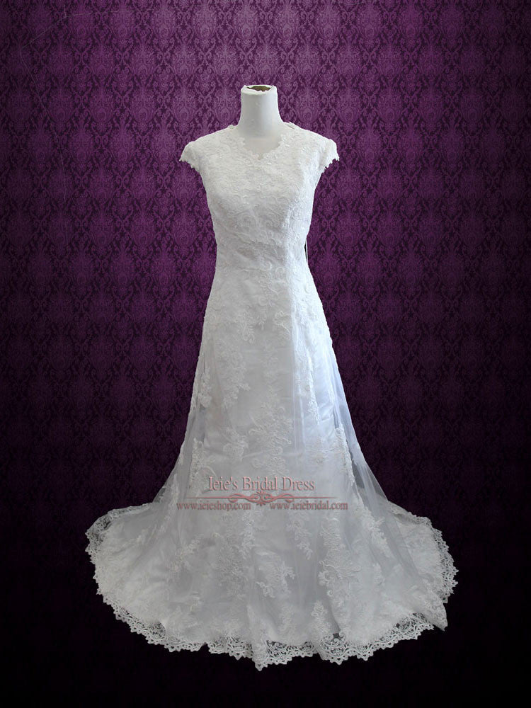 Modest Vintage Lace Wedding Dress with Cap Sleeves | Sally