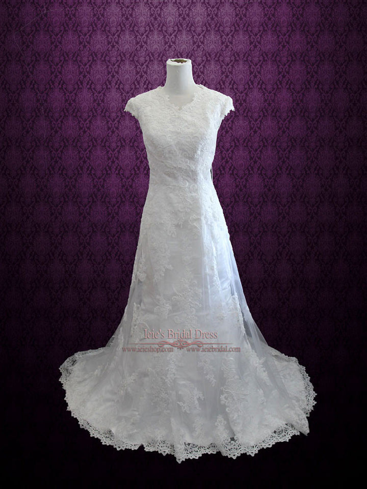 Modest Vintage Lace Wedding Dress with Cap Sleeves | Sally