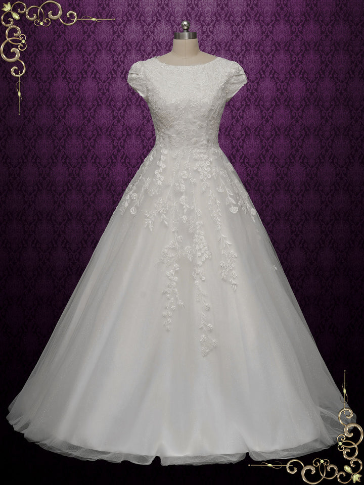 Modest Lace Wedding Dress with Cap Sleeves AUBREE Size 28W / White Modest Lace Wedding Dress with Cap Sleeves AUBREE Size 28W / White