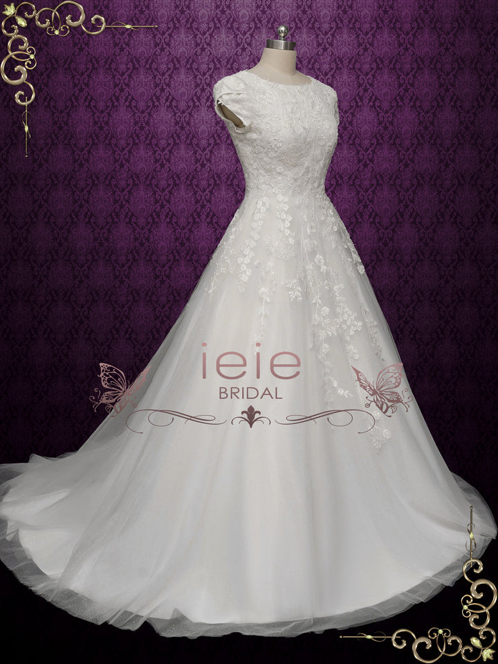 Modest Lace Wedding Dress with Cap Sleeves AUBREE