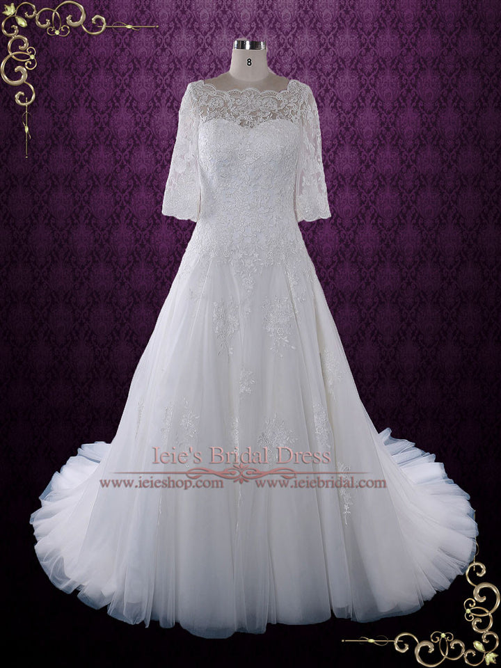 Modest Lace Wedding Dress with Half Sleeves and Illusion Neckline | Angel