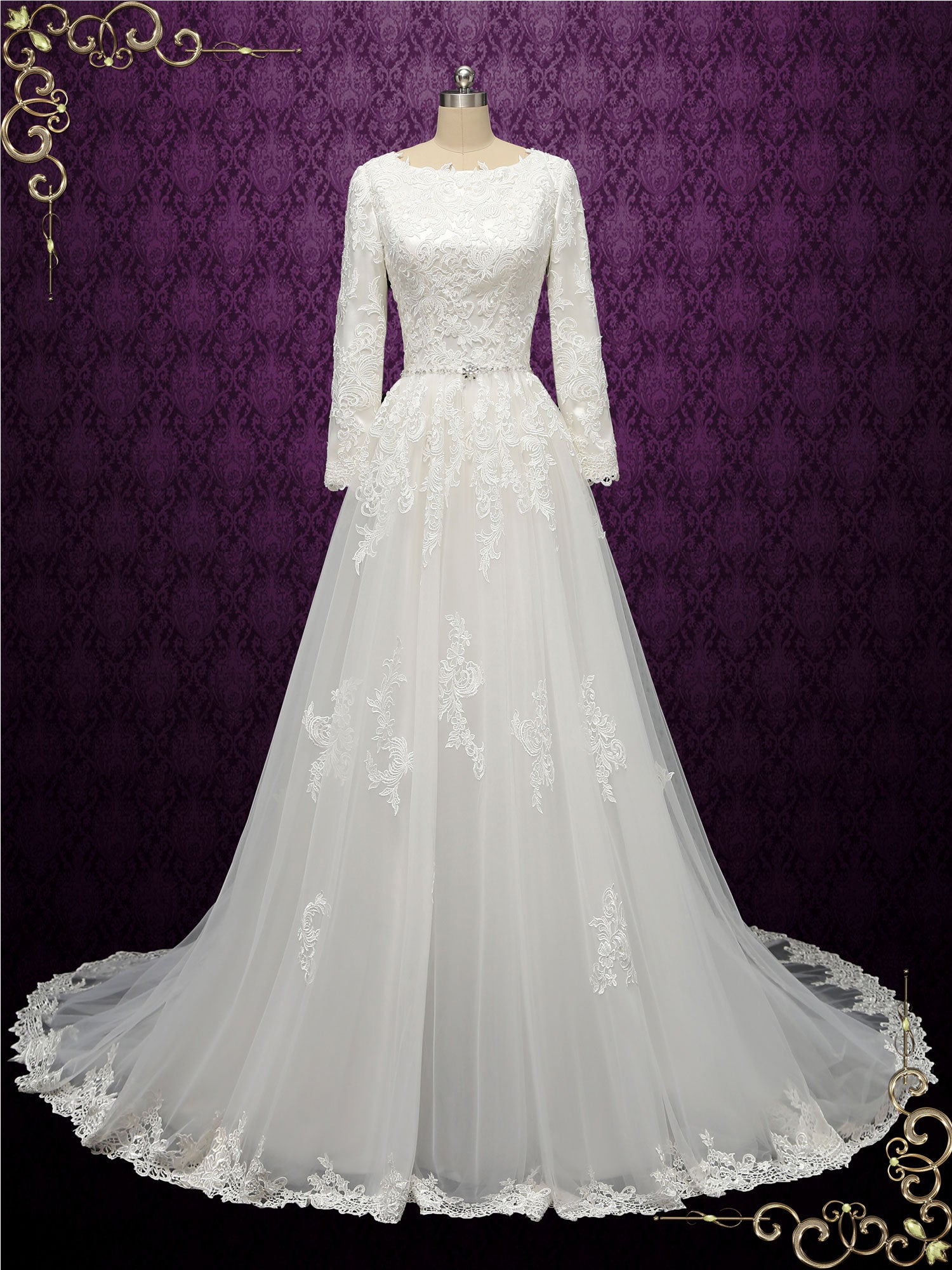 long sleeve modest wedding dresses Vintage Dress / Wedding Dress /Long Sleeves Wedding Dress /Modest Trumpet Dress/Modest A-Line A corded lace and tulle Modest Long Sleeves Wedding Dresses