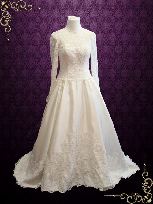 Victorian Style Modest Long Sleeves Lace Wedding Dress with High Lace Illusion Neckline | Petra