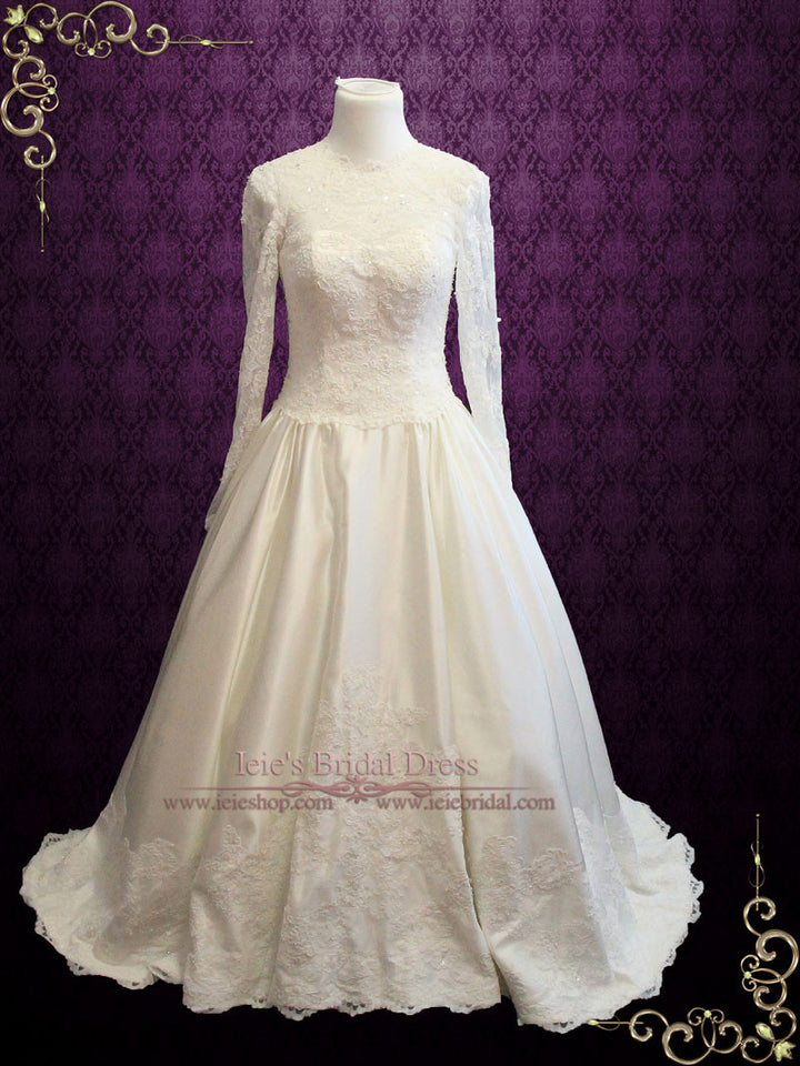 Victorian Style Modest Long Sleeves Lace Wedding Dress with High Lace Illusion Neckline | Petra