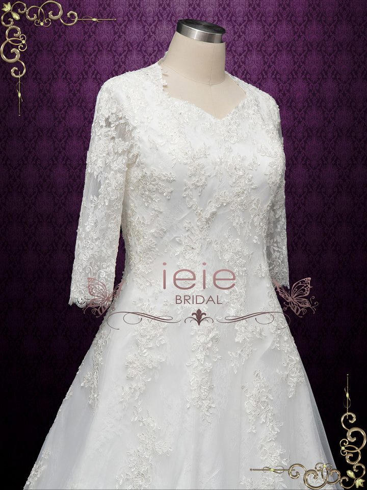 Modest Lace Wedding Dress with Queen Anne Neckline LILLIAN