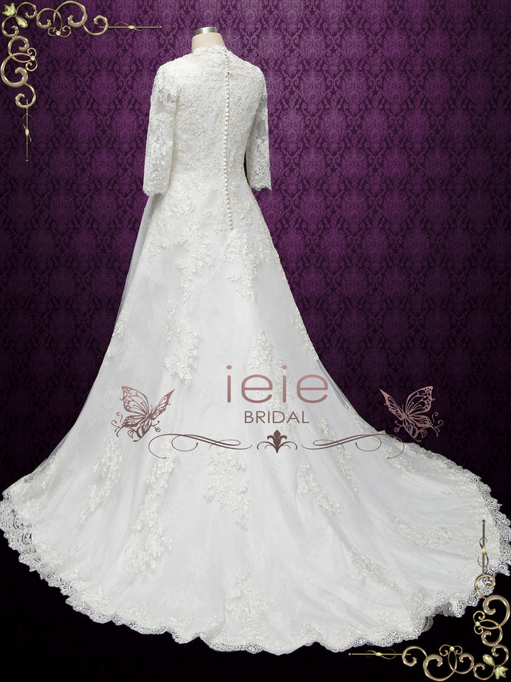 Modest Lace Wedding Dress with Queen Anne Neckline LILLIAN
