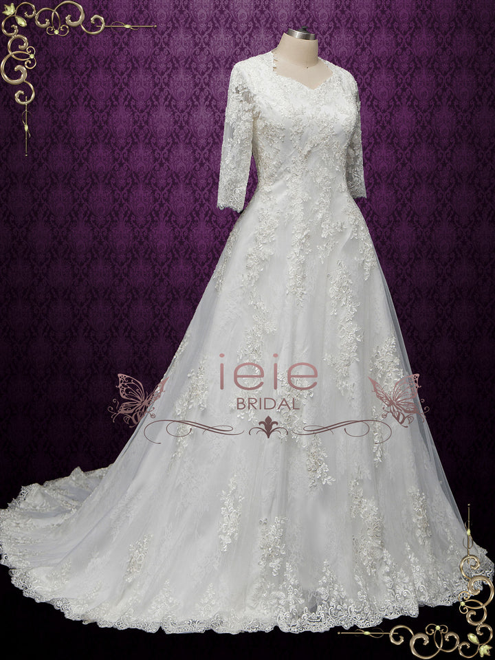 Modest Lace Wedding Dress with Queen Anne Neckline LILLIAN