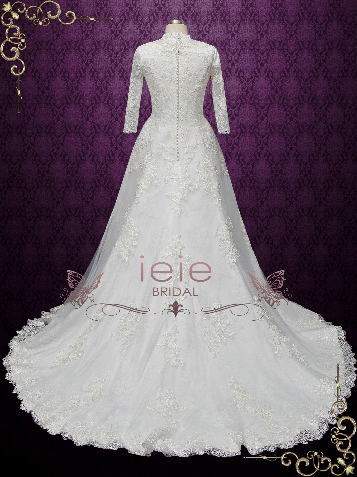 Modest Lace Wedding Dress with Queen Anne Neckline LILLIAN