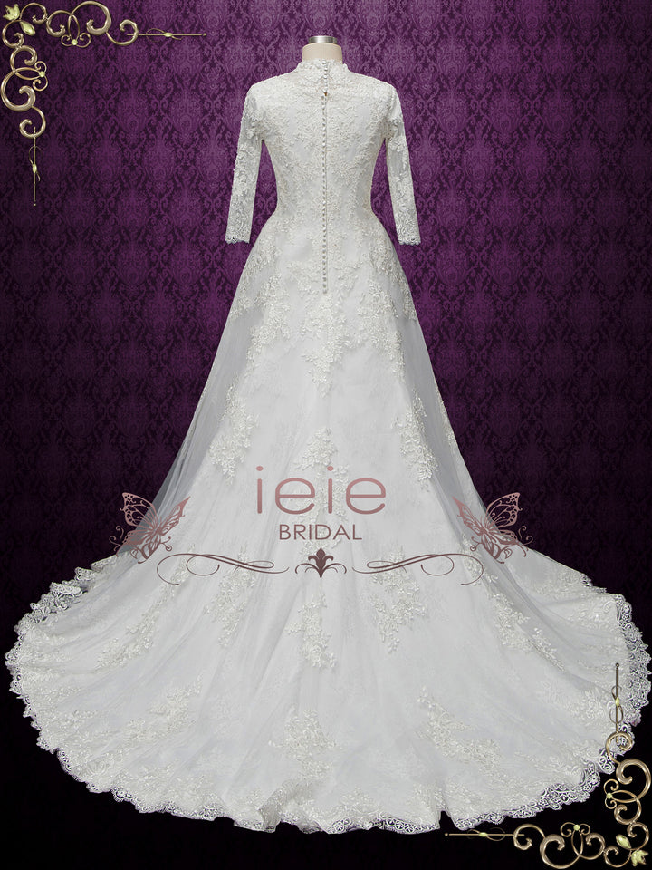 Modest Lace Wedding Dress with Queen Anne Neckline LILLIAN