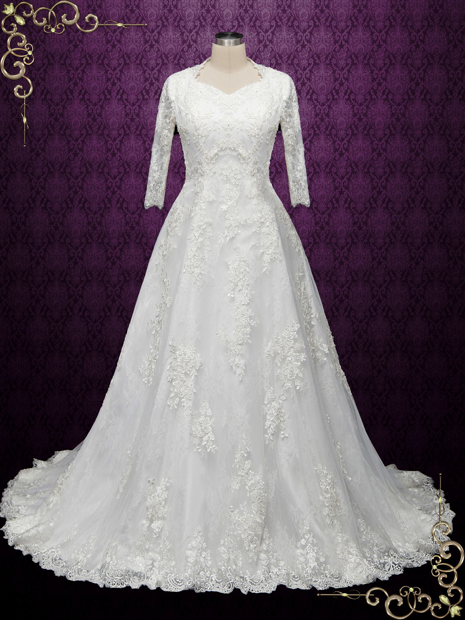 Modest Lace Wedding Dress with Queen Anne Neckline LILLIAN