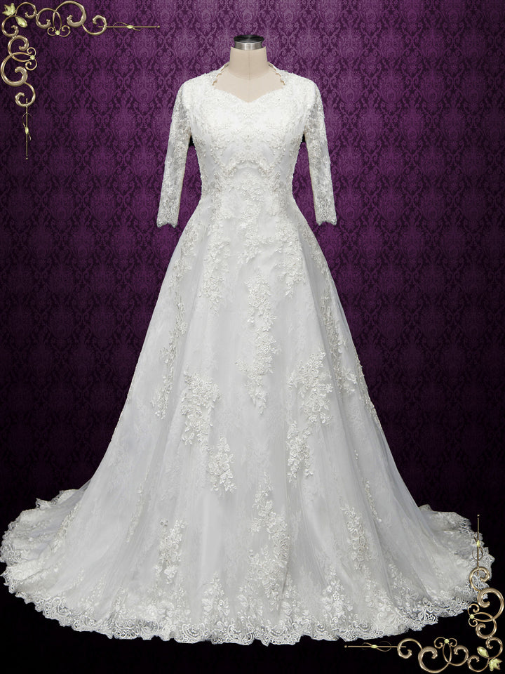 Modest Lace Wedding Dress with Queen Anne Neckline LILLIAN