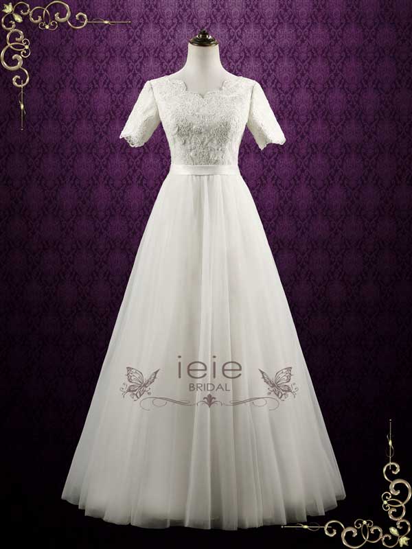 Modest Lace Wedding Dress with Short Sleeves ELYSE