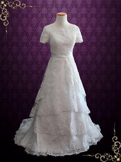 Ready to Wear Modest Lace Wedding Dress with Short Sleeves HARPER
