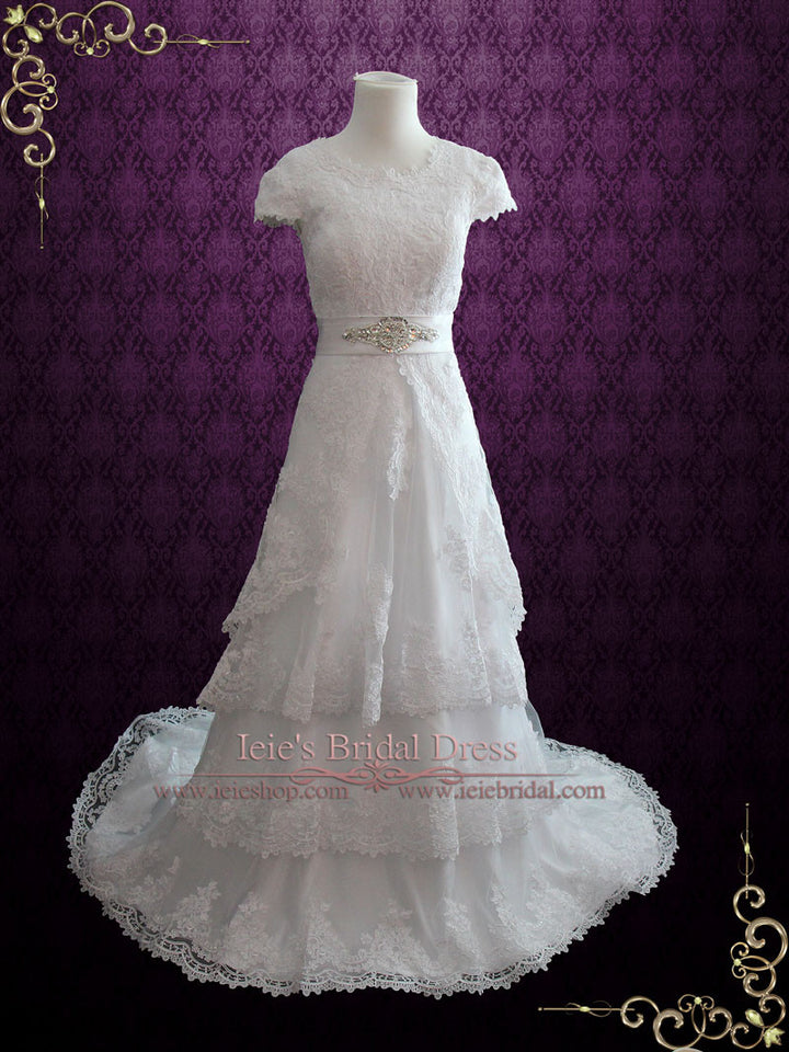 Vintage Style Modest Lace Wedding Dress with Short Sleeves ELINA