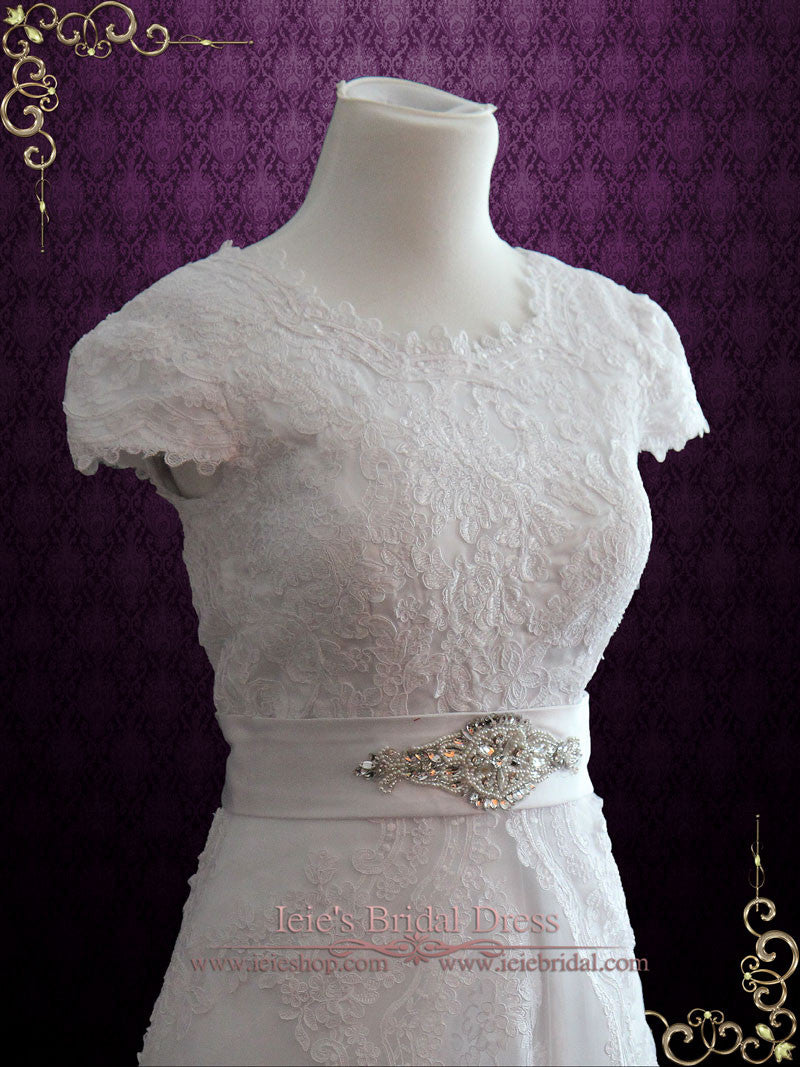 Vintage Style Modest Lace Wedding Dress with Short Sleeves ELINA