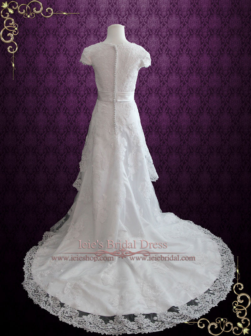 Vintage Style Modest Lace Wedding Dress with Short Sleeves ELINA