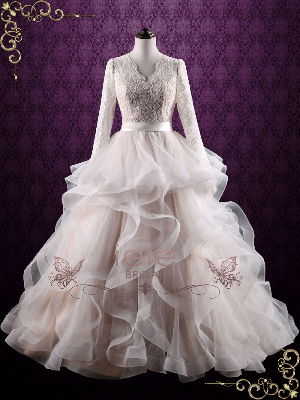 Modest Long Sleeves Wedding Dress with Ruffle Ball Gown Skirt CRISTI ieie