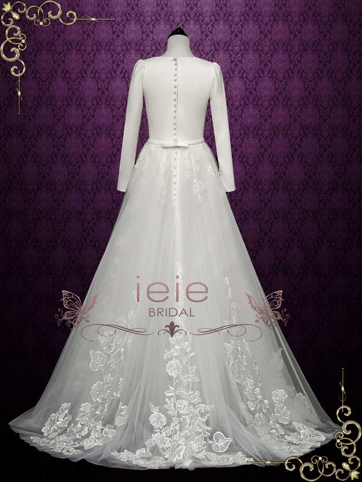 Modest Long Sleeves Wedding Dress with Lace Skirt FLORINE Size 16 / White Modest Long Sleeves Wedding Dress with Lace Skirt FLORINE Size 16 / White