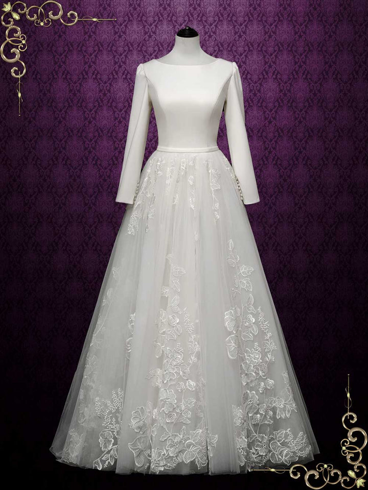 Modest Long Sleeves Wedding Dress with Lace Skirt FLORINE