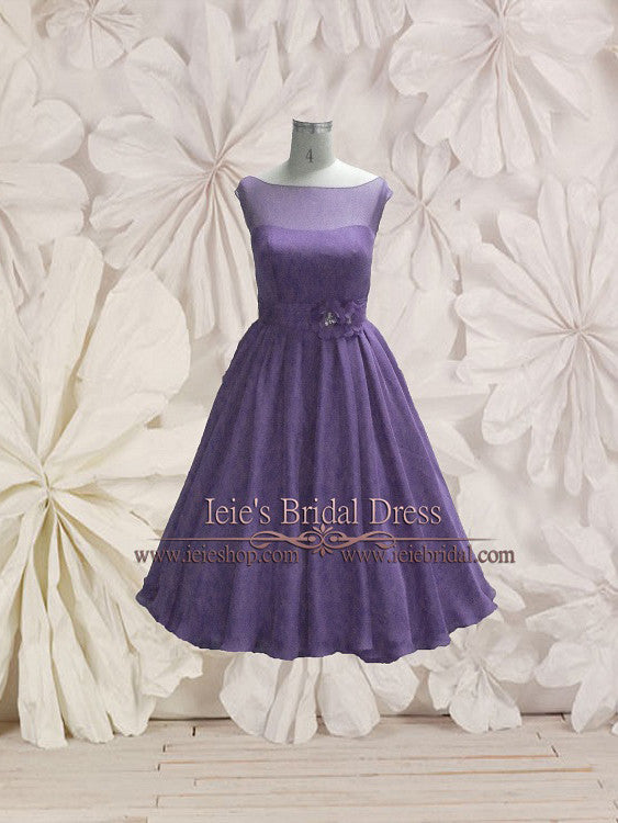 Modest Purple Retro 50s Tea Length Prom Formal Dress