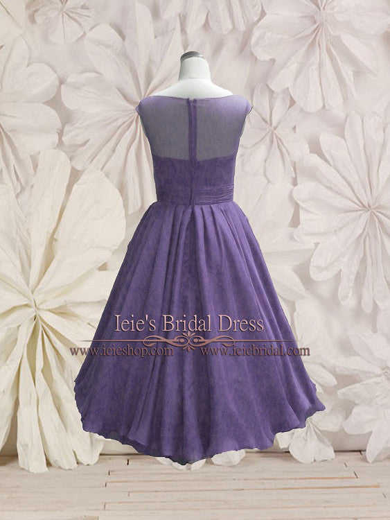 modest purple formal dresses Purple Knee Length Prom Dress With Modest Lace Neckline