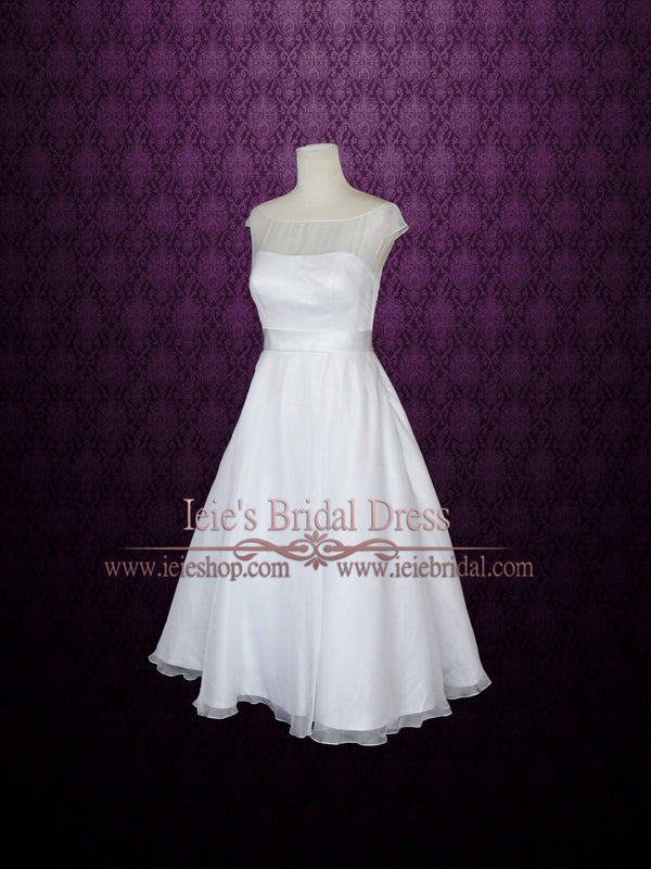 Modest Retro Short White Wedding Dress with Silver Sash HERA