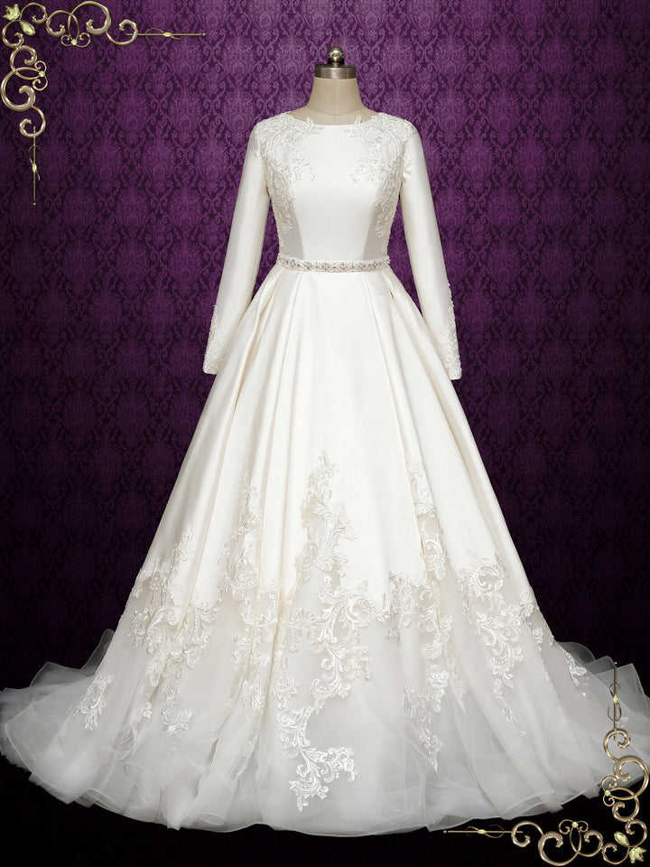 Modest Satin Lace Ball Gown Wedding Dress with Long Sleeves SAHAR