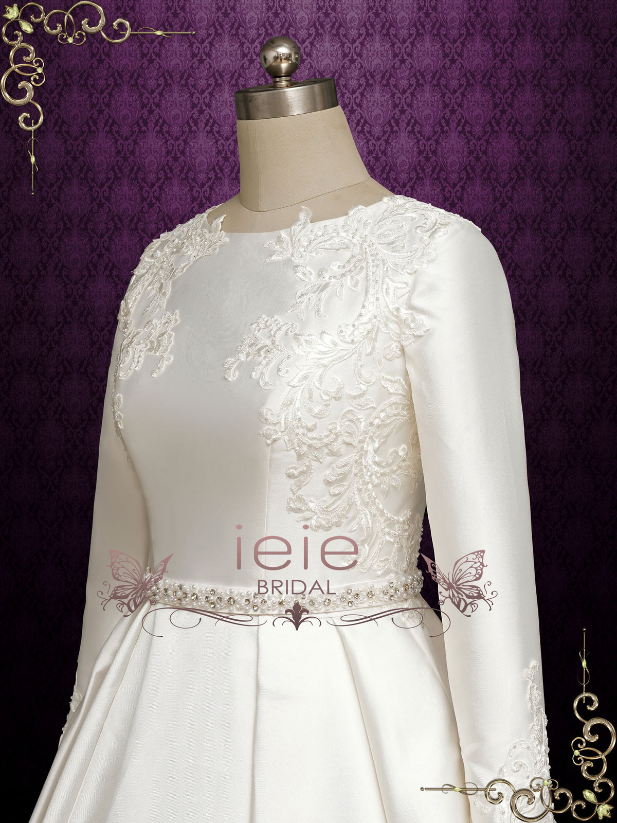 Modest Satin Lace Ball Gown Wedding Dress with Long Sleeves SAHAR