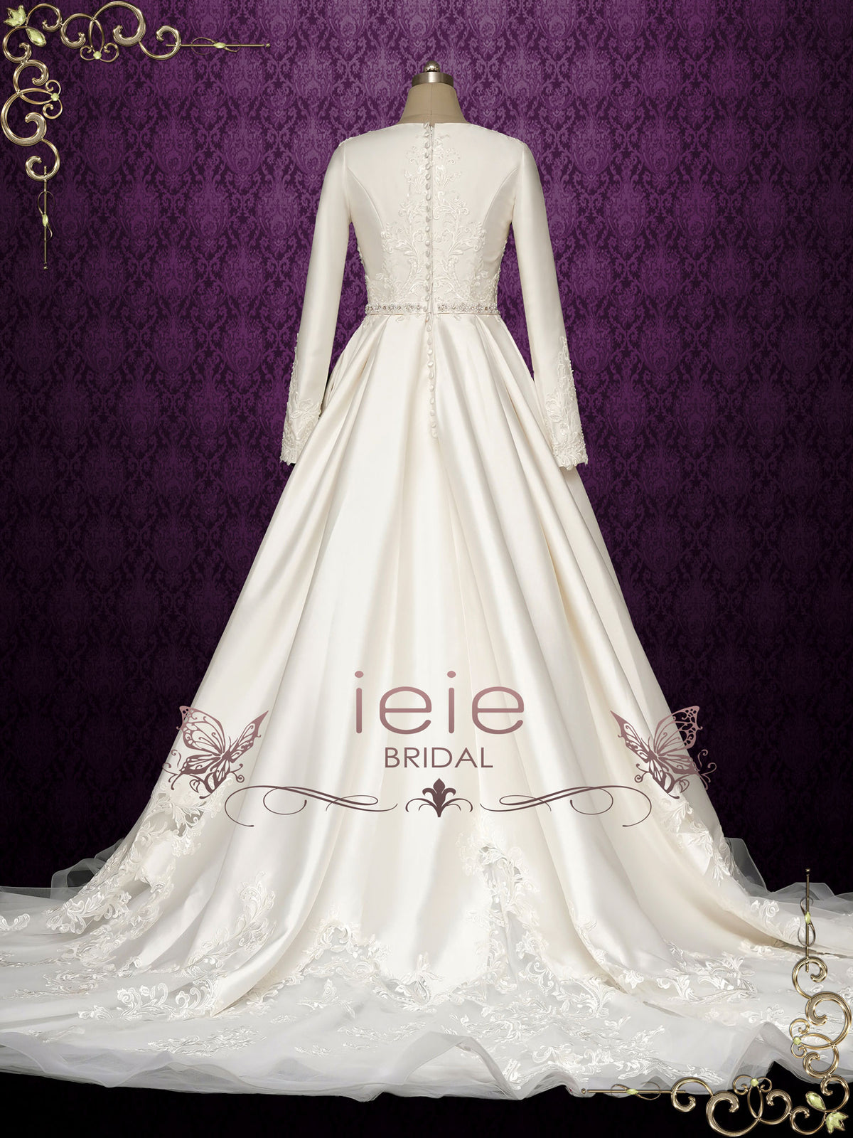 Modest Satin Lace Ball Gown Wedding Dress with Long Sleeves SAHAR