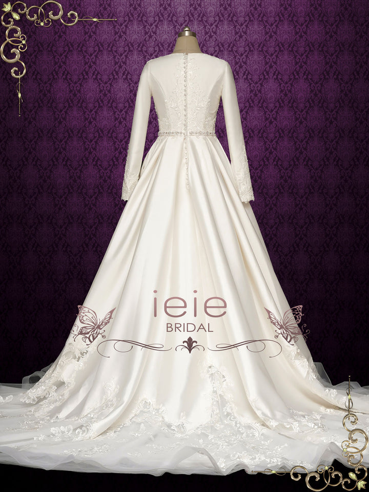 Modest Satin Lace Ball Gown Wedding Dress with Long Sleeves SAHAR