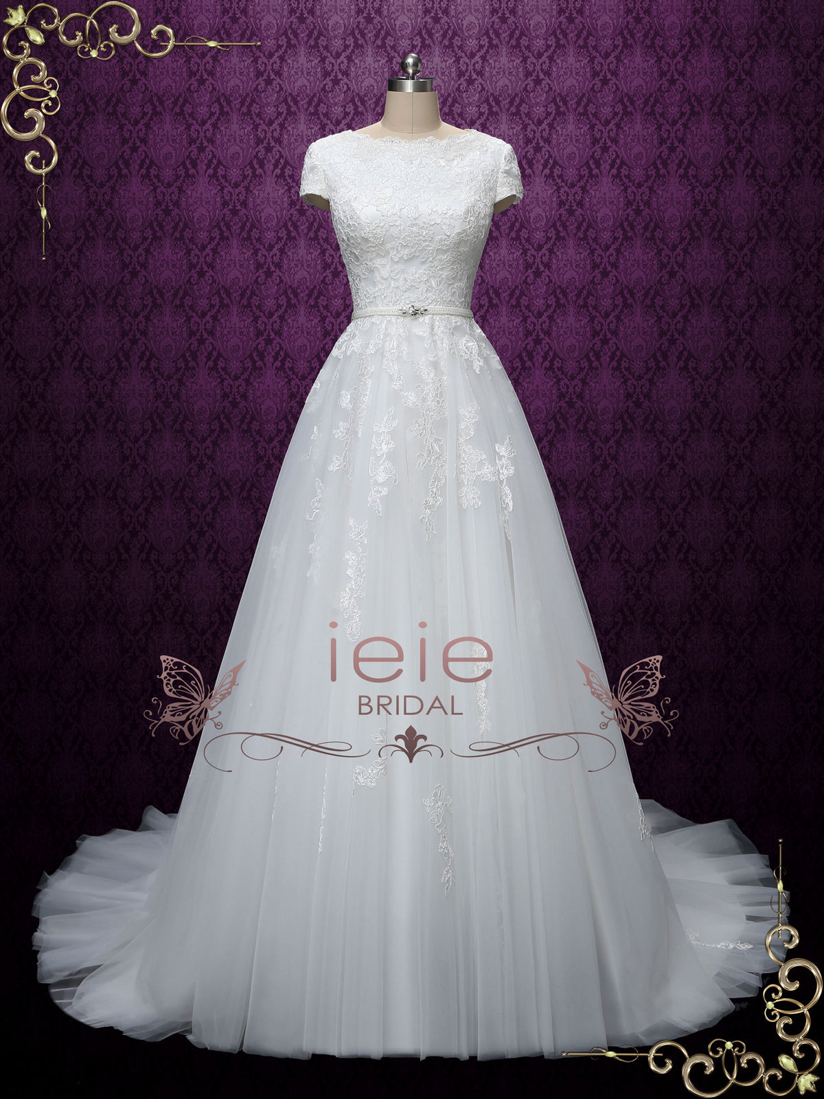 Modest Lace Wedding Dress with Short Sleeves ABIGAIL