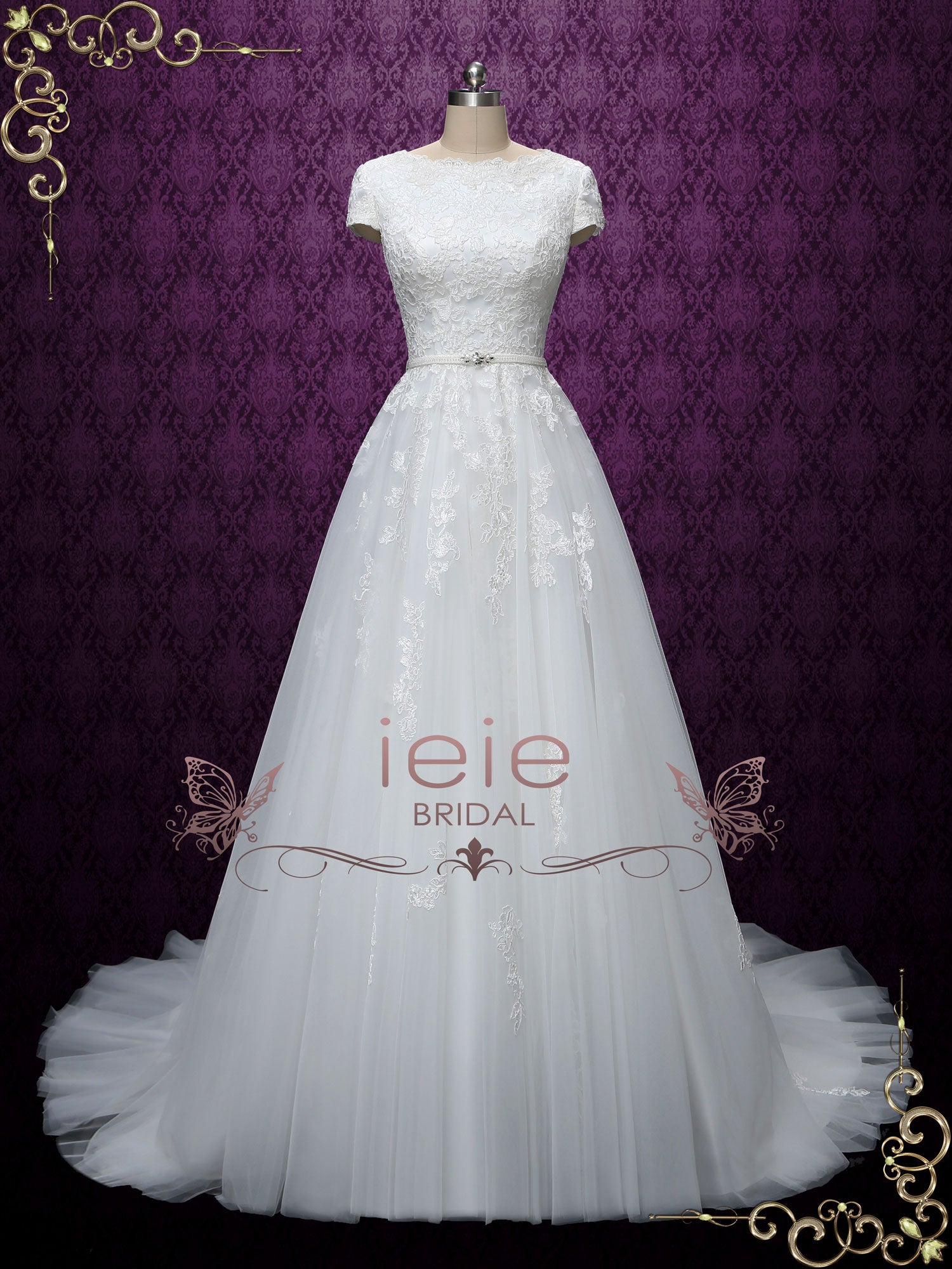 Modest Lace Wedding Dress with Short Sleeves ABIGAIL