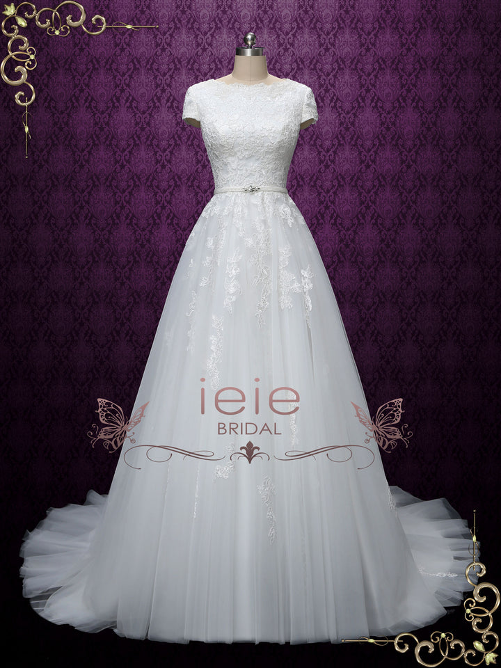 Modest Lace Wedding Dress with Short Sleeves ABIGAIL
