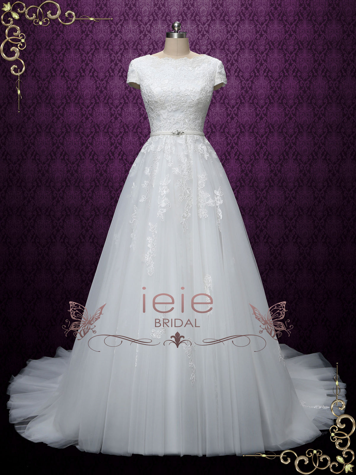 Modest Lace Wedding Dress with Short Sleeves ABIGAIL