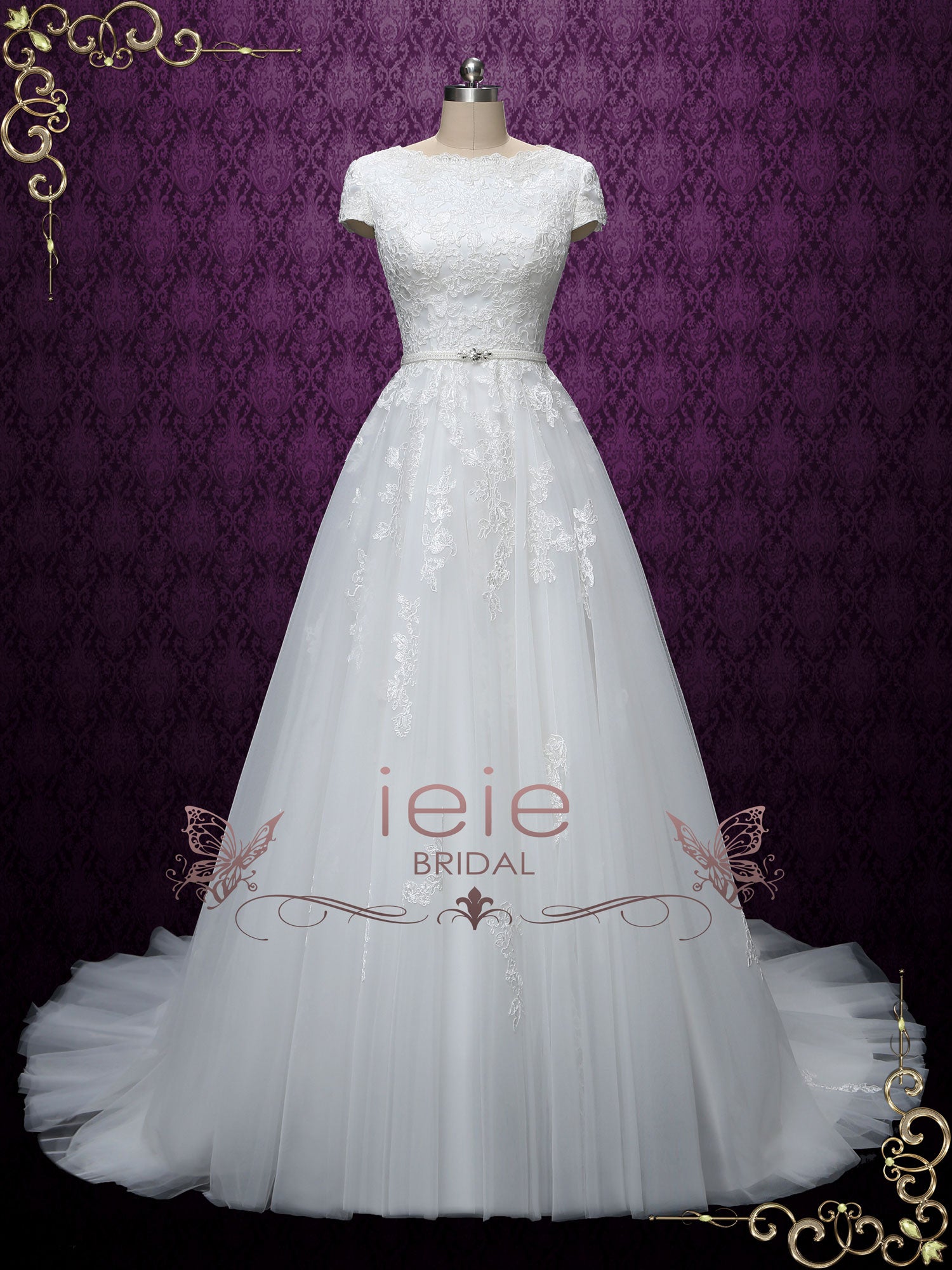 Modest Lace Wedding Dress with Short Sleeves ABIGAIL