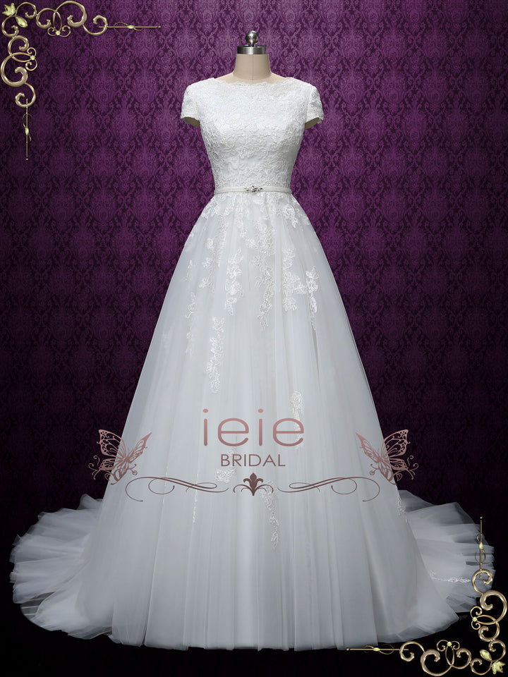 Modest Lace Wedding Dress with Short Sleeves ABIGAIL