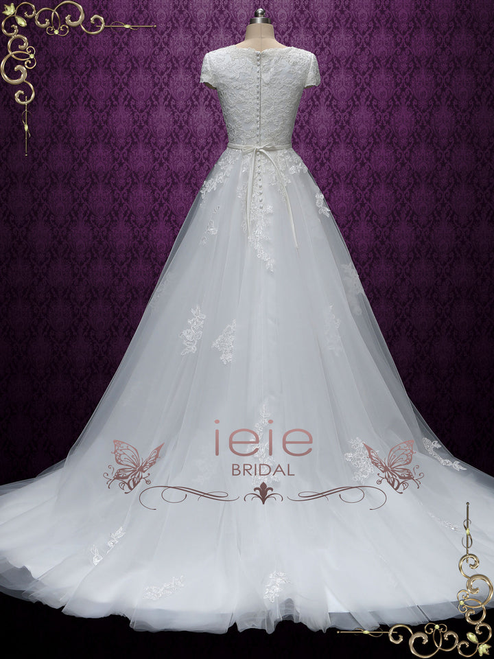 Modest Lace Wedding Dress with Short Sleeves ABIGAIL