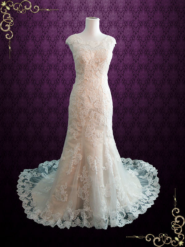 Modest Vintage Lace Wedding Dress with Cap Sleeves JULY